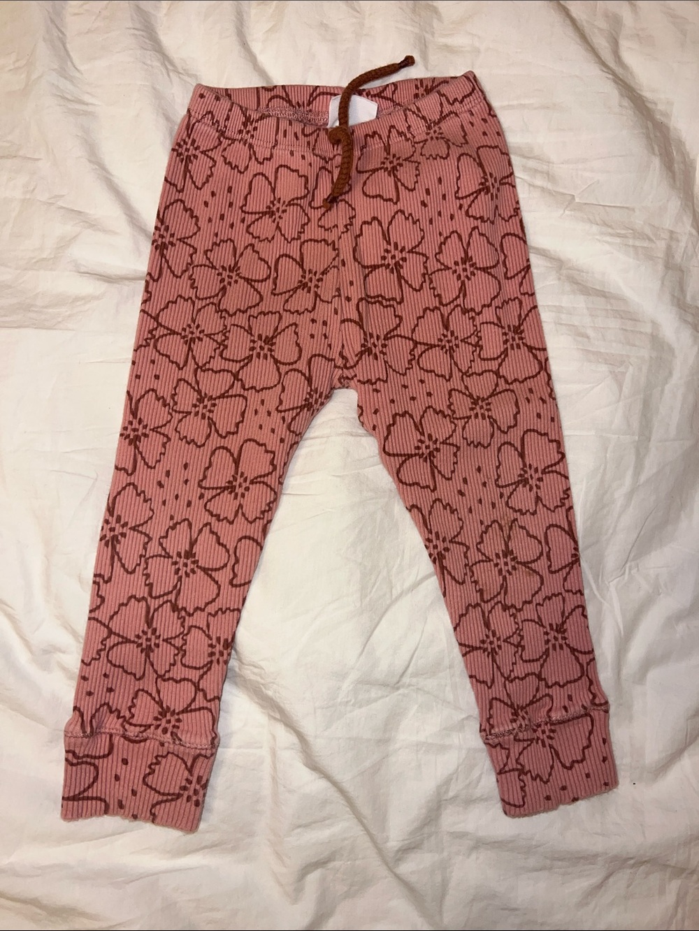 Zara Pink Floral Ribbed Leggings with Brown Drawstring